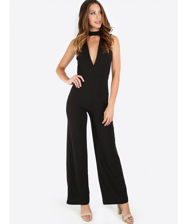 Women's Sexy Deep V Neck Sleeveless Wide Leg Loose Jumpsuits Rompers ...