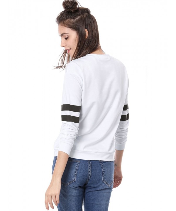 Women's Crew Neck Striped Long Sleeves Dog Print Sweatshirt - White ...
