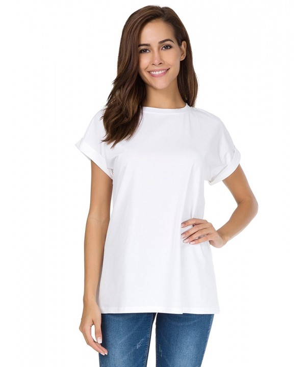 Women's Simple Crew Neck Plain Loose T-Shirt Summer Casual Tops - White ...