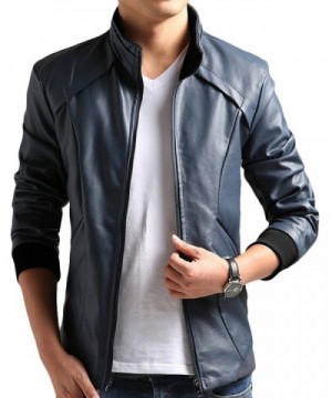 Faux Leather Men Moto Jacket Casual Wear - Dark Blue - C112NDACLPO