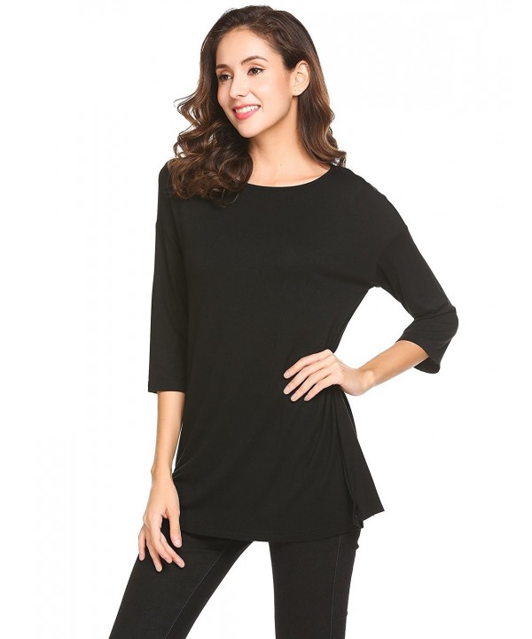 Women's Casual 3/4 Sleeve Round Neck Loose Button Tunic T Shirt Blouse ...