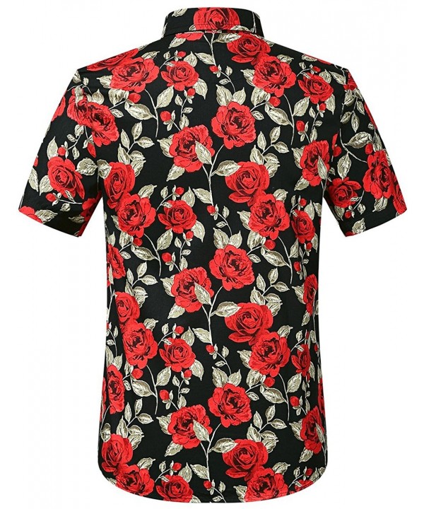 Men's Summer Rose Prints Button Down Short Sleeve Shirt - Black ...