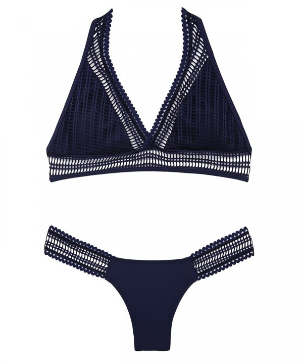 Mesh Lace Trim Bikini- V Neck Longline Halter Cheeky Swimsuit For Women ...