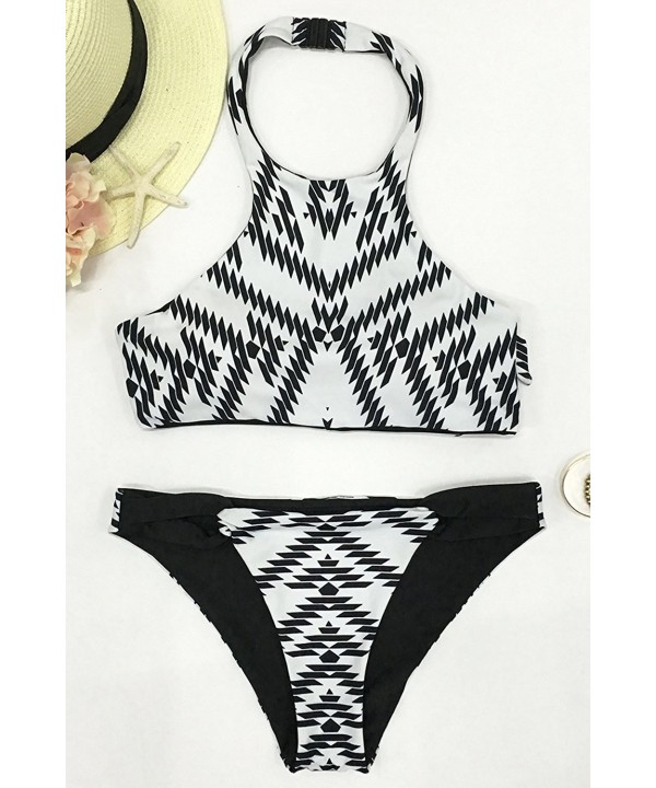 Fashion Women's Black&White Diamond Printing Halter Padding Bikini Set ...