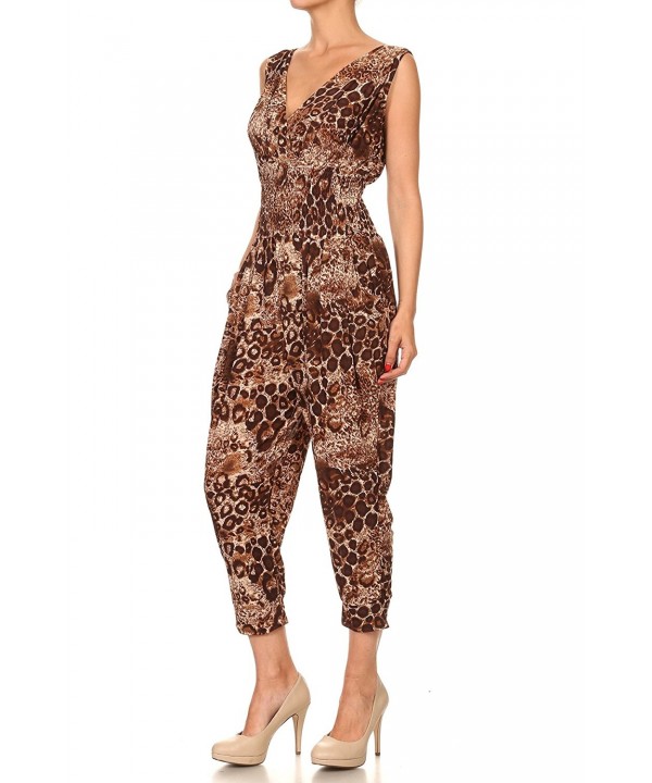 Sleeveless Leopard Printed Casual V-Neck Jumpsuits/Smocked Waist ...