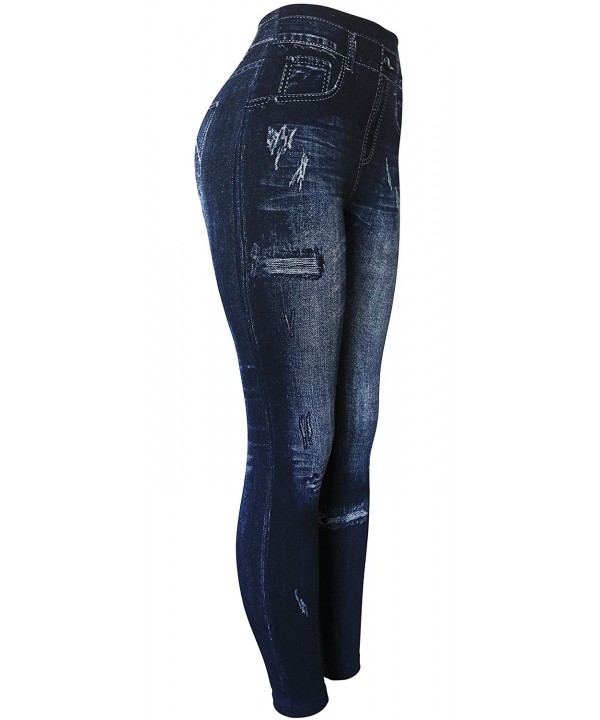 Women's Denim Print Fake Jeans Leggings - Ripped Blue - CI12780P8FX