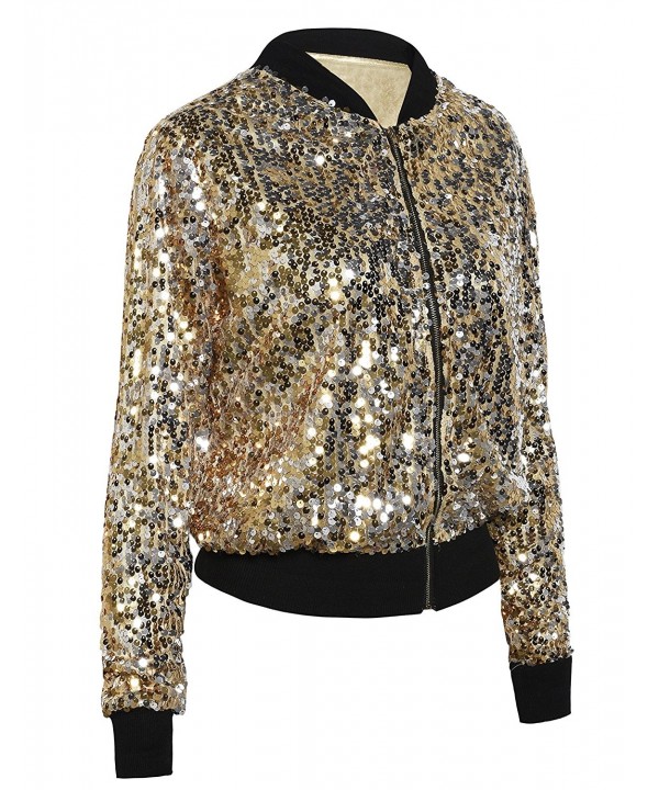 Women's Sequin Blazer Long Sleeve Clubwear Sparkly Bomber Jacket - Gold ...